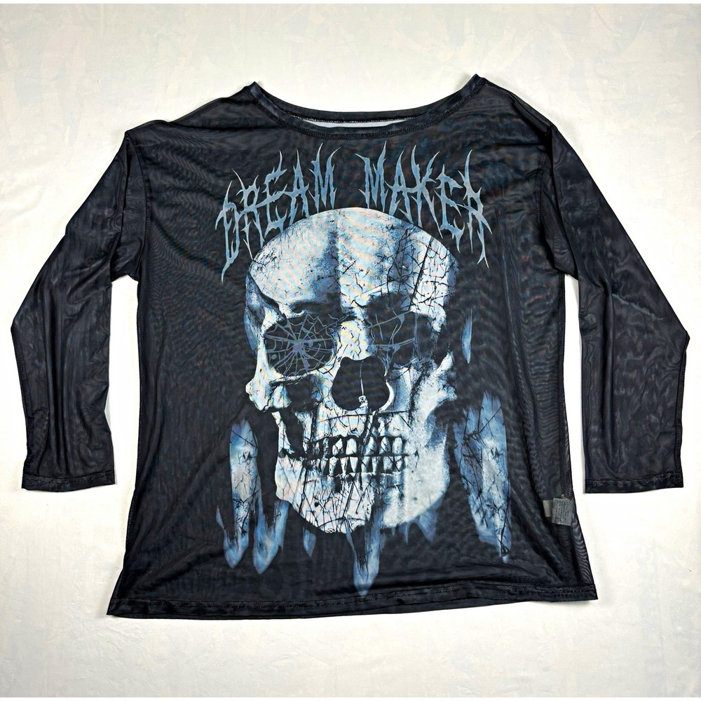 Romwe Sheer Mesh Skull Top Womens S Long Sleeve Off Shoulder Rave Goth Grunge